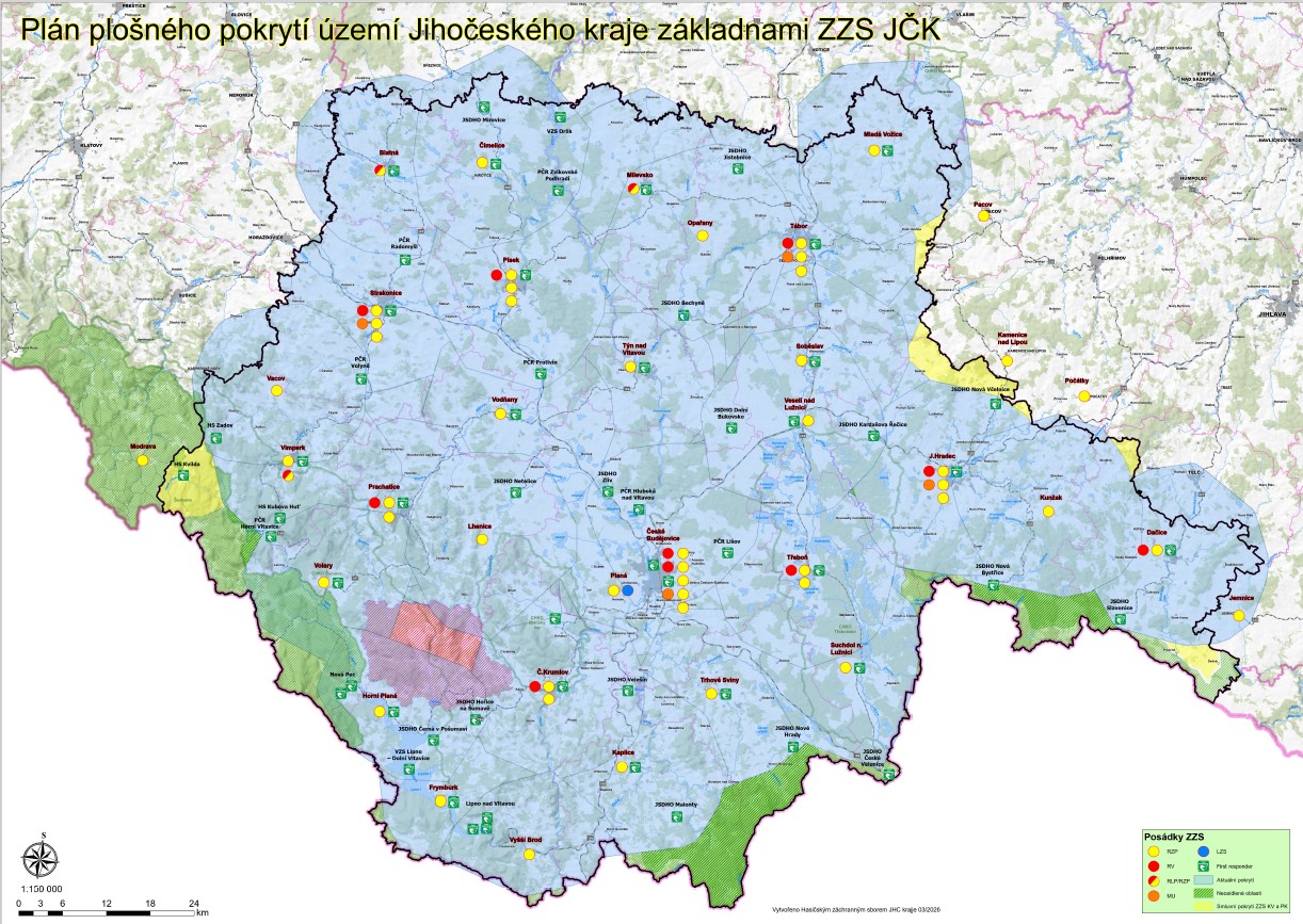 Mapa rozložen&iacute; v&yacute;jezdov&yacute;ch z&aacute;kladen ZZS JčK