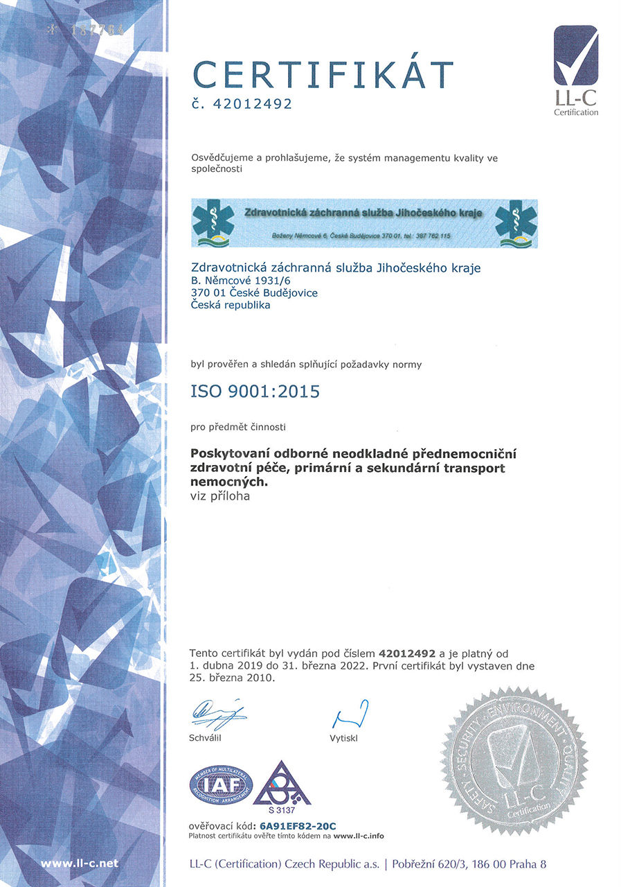 Certifikát ISO 9001:2015